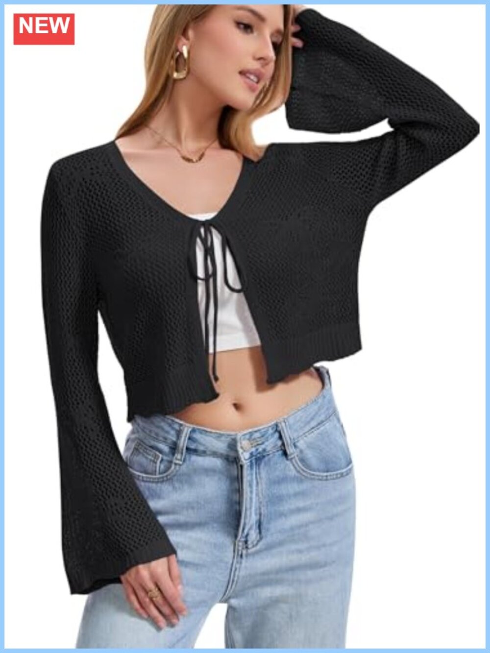 Crochet Cardigan Tie Front Shrug Bell Sleeve Cropped Knit Top